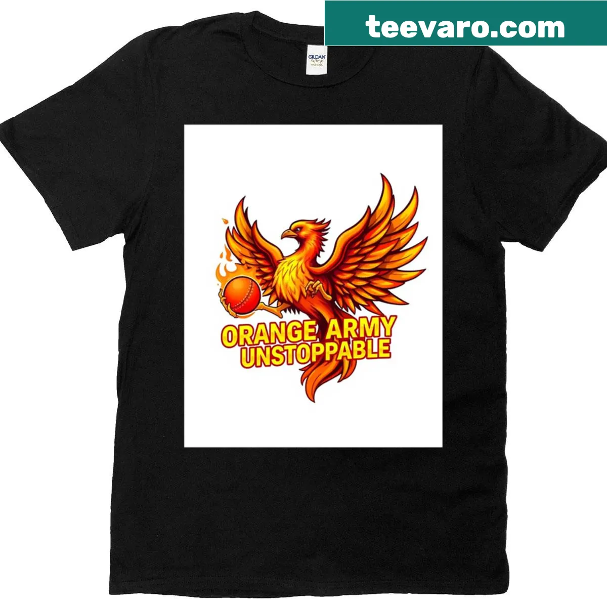 Bold 'Unstoppable In All' text on Orange Army T-shirt — on a men's t-shirt