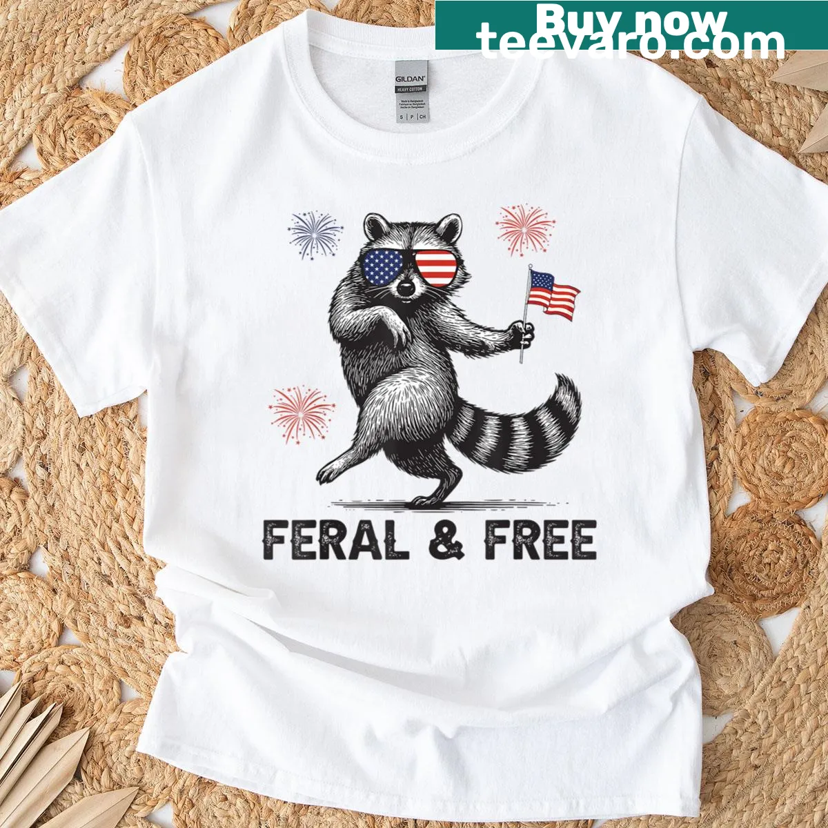 Patriotic T-shirt with raccoon design and USA flag — on a men's t-shirt