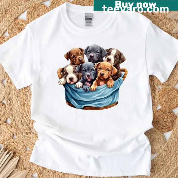 Illustration of Pitbull puppies in a basket on a t-shirt