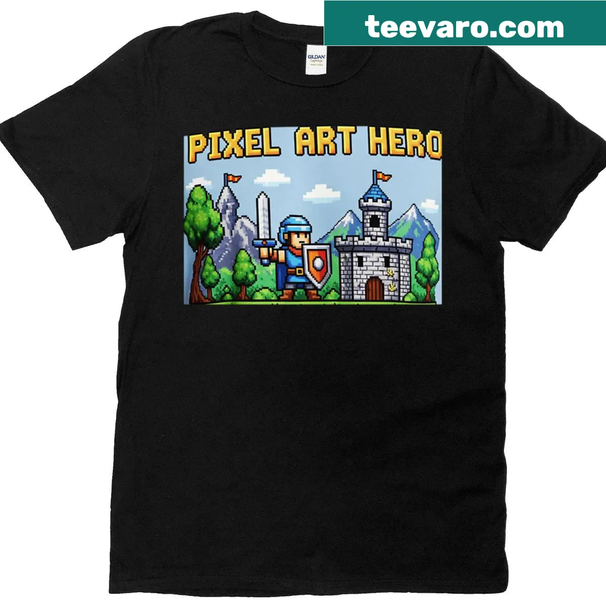 Oversized T-shirt featuring a pixel art knight in fantasy setting — on a men's t-shirt