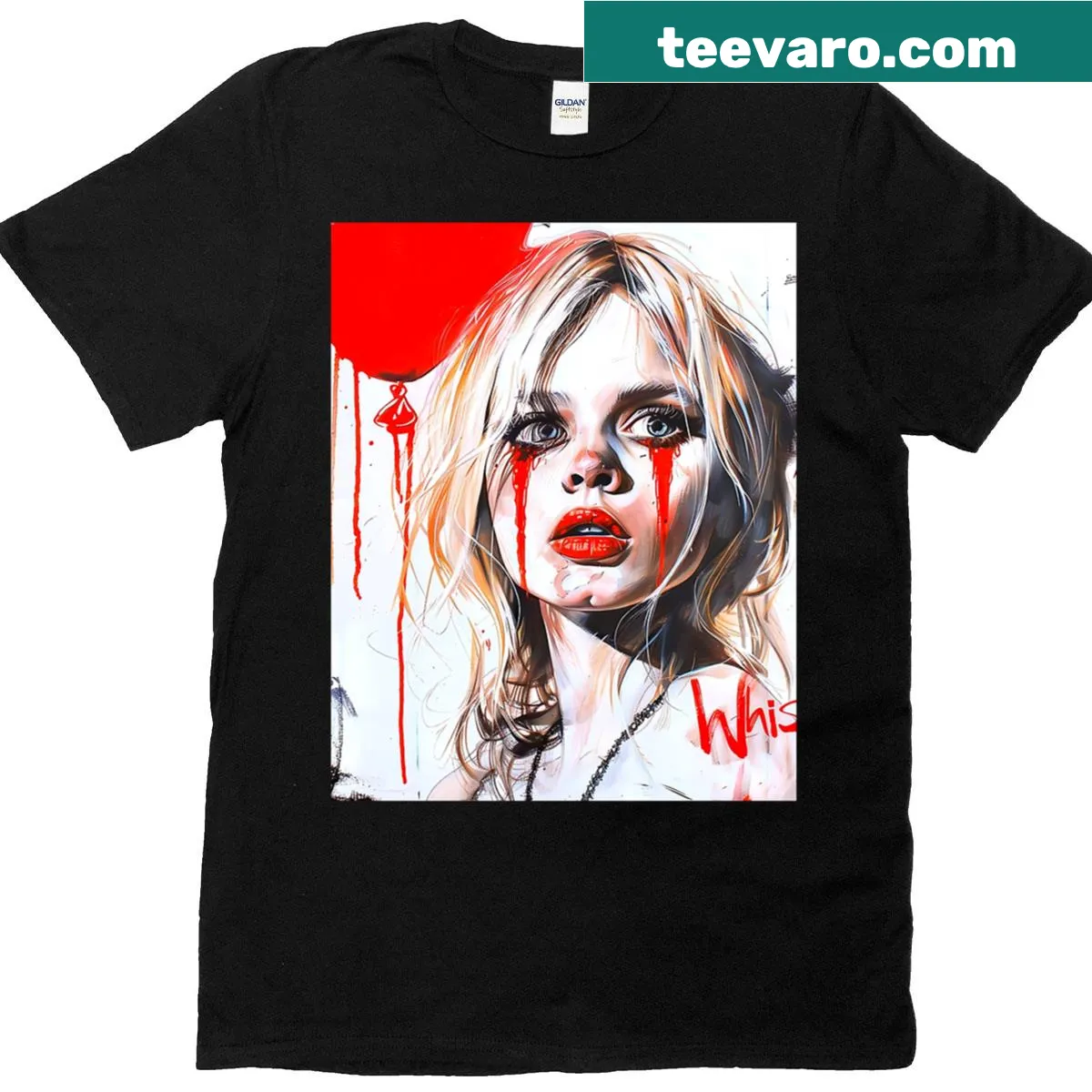 Abstract art graphic T-shirt featuring a blonde girl in a creepy style. — on a men's t-shirt
