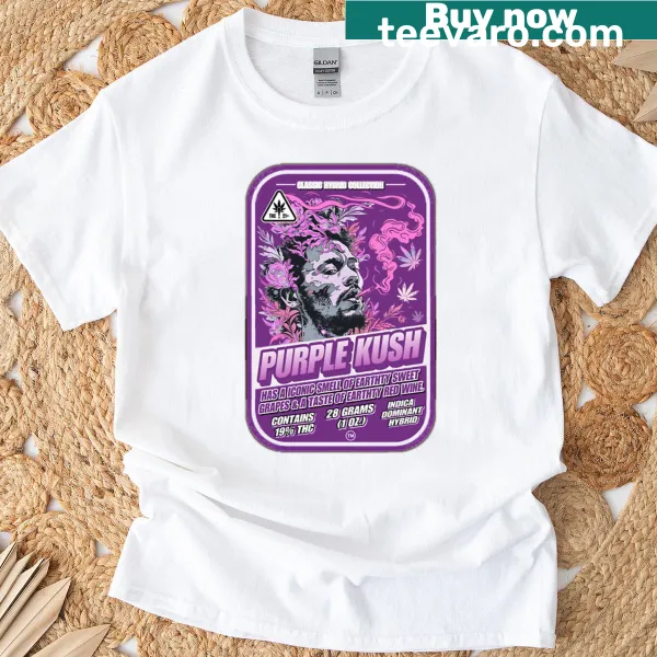 Illustrative Purple Kush t-shirt with cannabis leaves