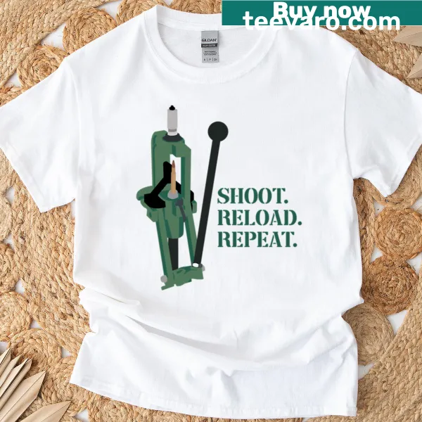 Brass reloader graphic T-shirt with shoot, reload, repeat text