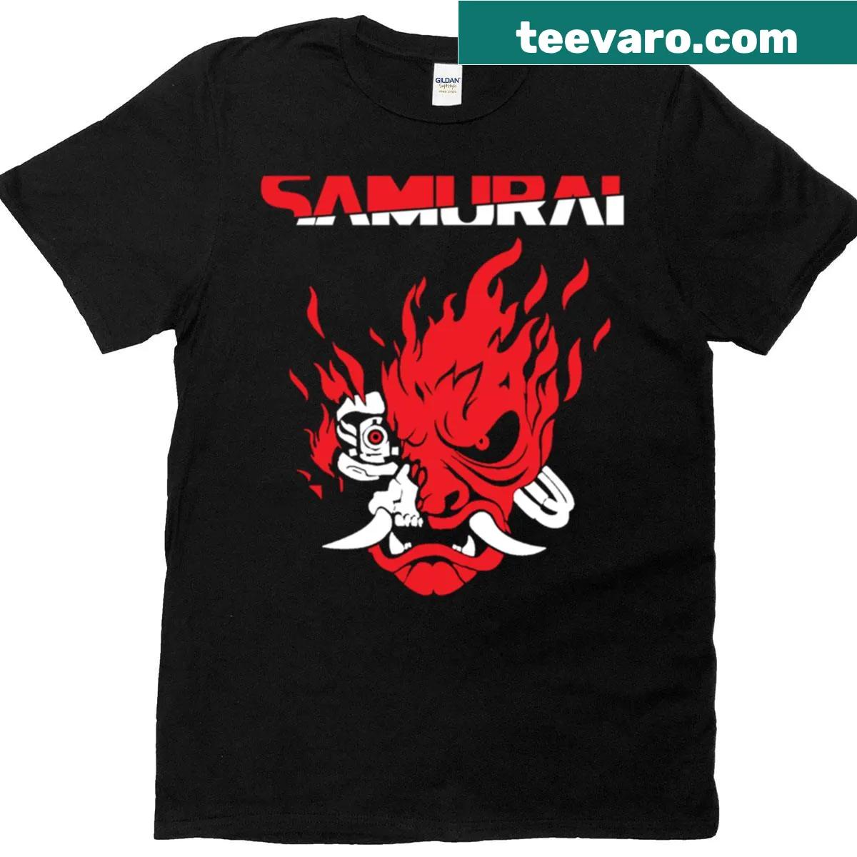 Samurai logo in red and white for Cyberpunk 2077 themed T-shirt — on a men's t-shirt