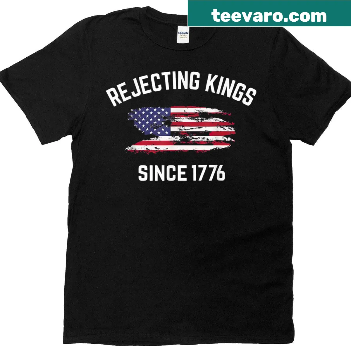 Patriotic T-shirt with USA flag and 'Rejecting Kings Since 1776' — on a men's t-shirt