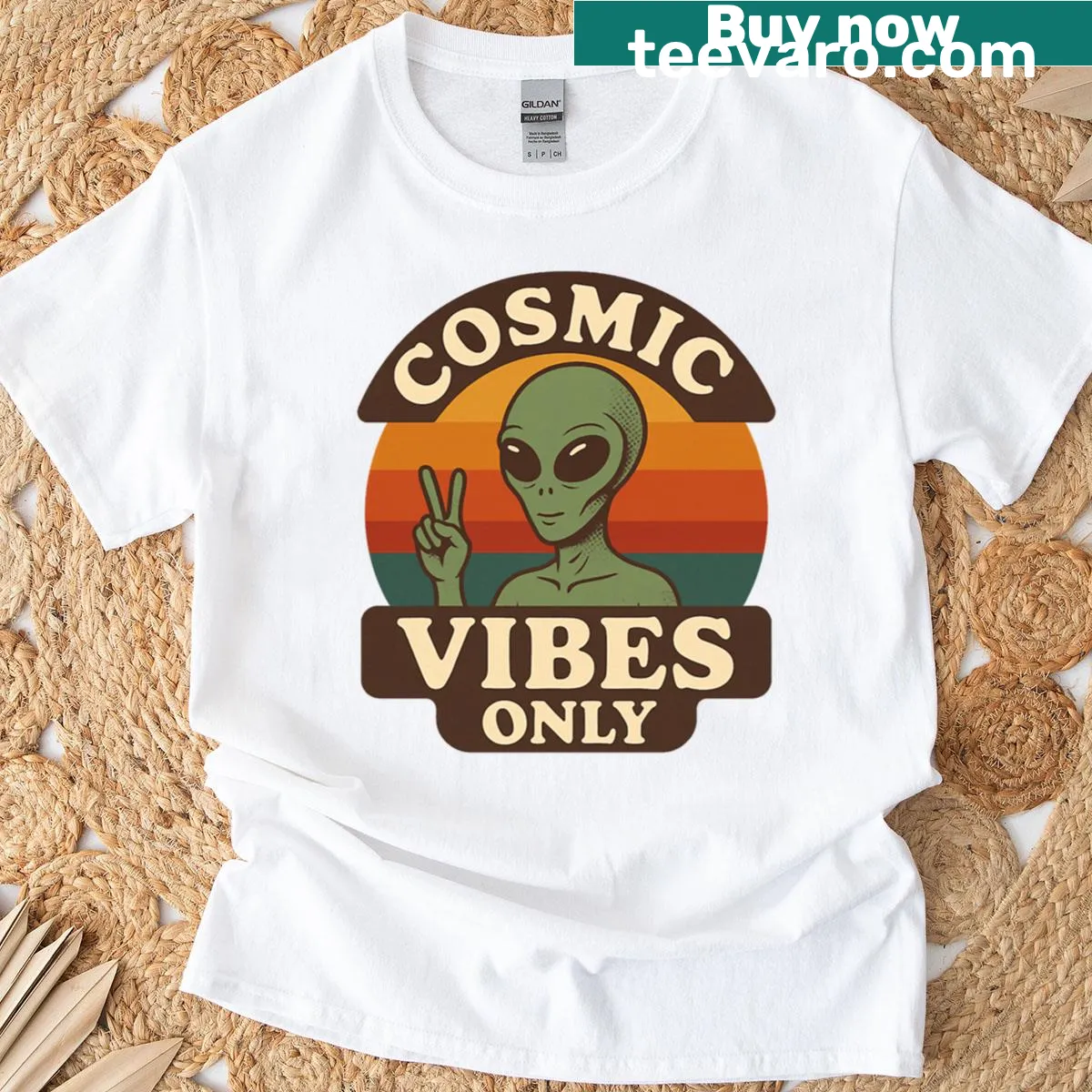 Retro UFO and alien graphic vintage T-shirt — on a men's t-shirt