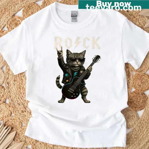 Cartoon cat playing guitar on a funny music-themed T-shirt