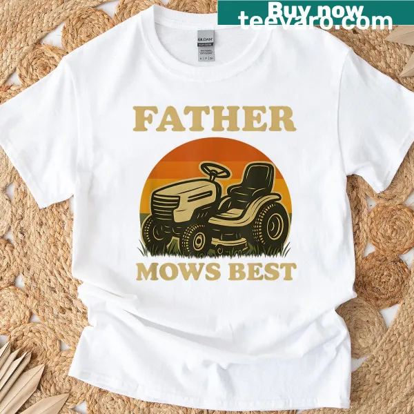 Retro graphic t-shirt featuring 'Father Mows Best' with lawnmowers