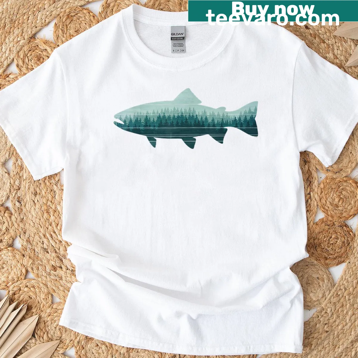Retro t-shirt depicting a trout in a forest setting for fishing enthusiasts — on a men's t-shirt