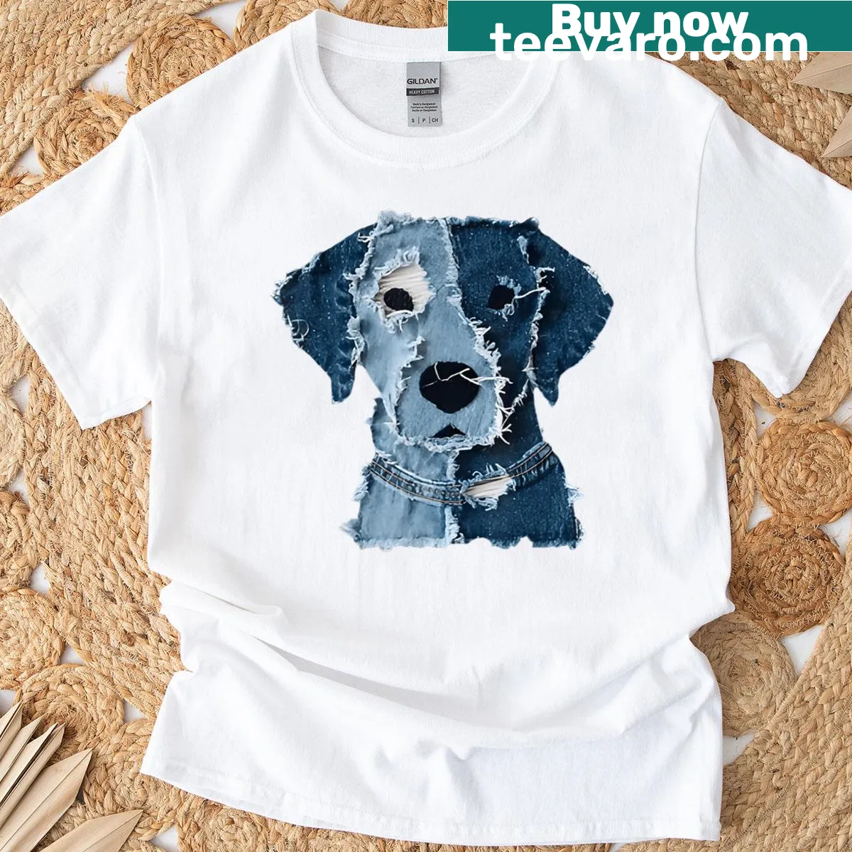 Cartoon dogs with denim patch graphic T-shirt — on a men's t-shirt