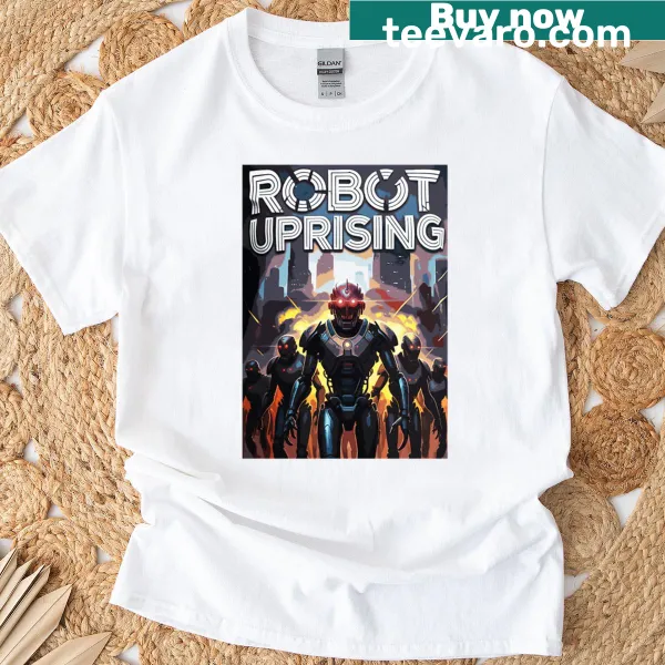Illustration of menacing red-eyed robots in a dystopian city on a t-shirt.