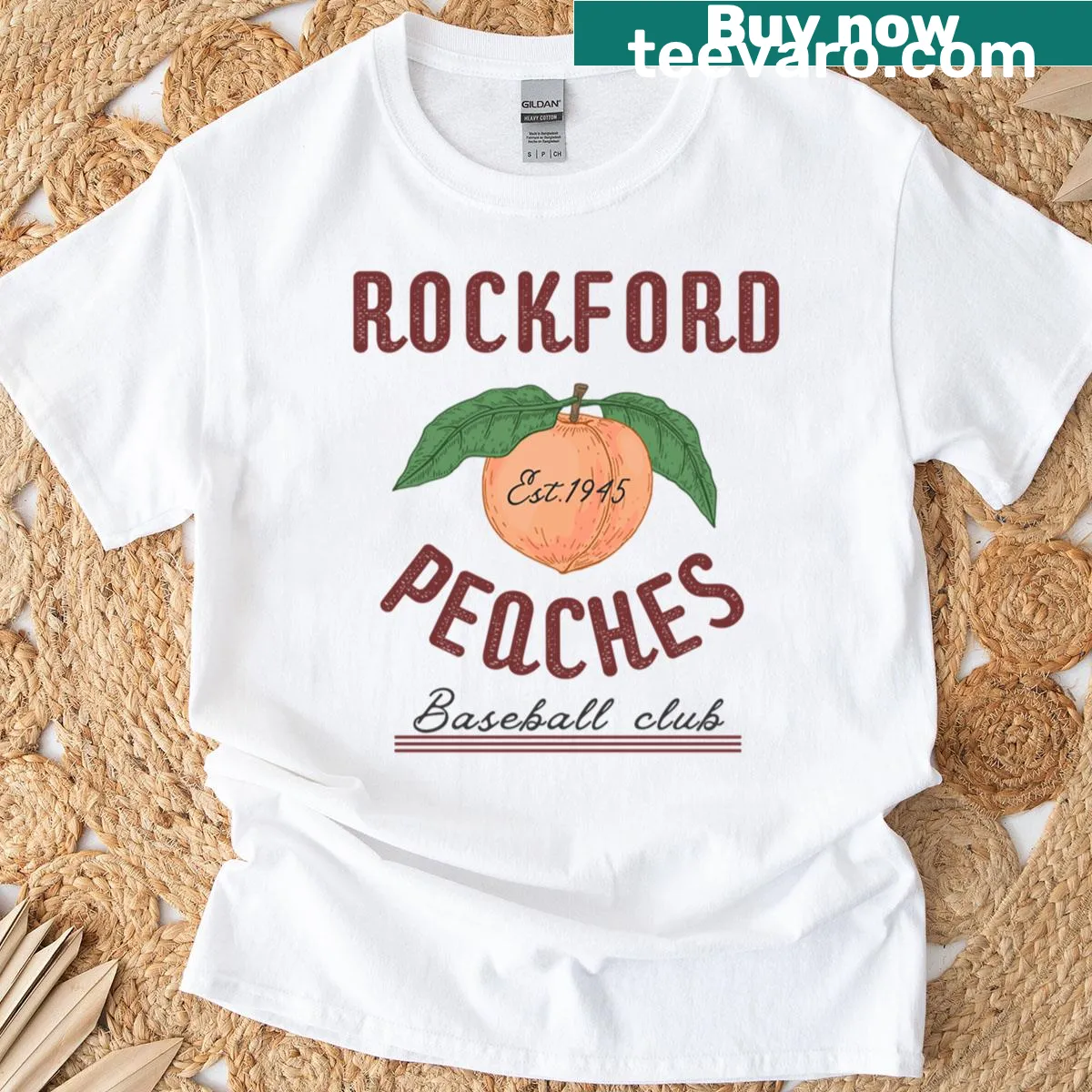 Retro t-shirt featuring Rockford Peaches team name — on a men's t-shirt