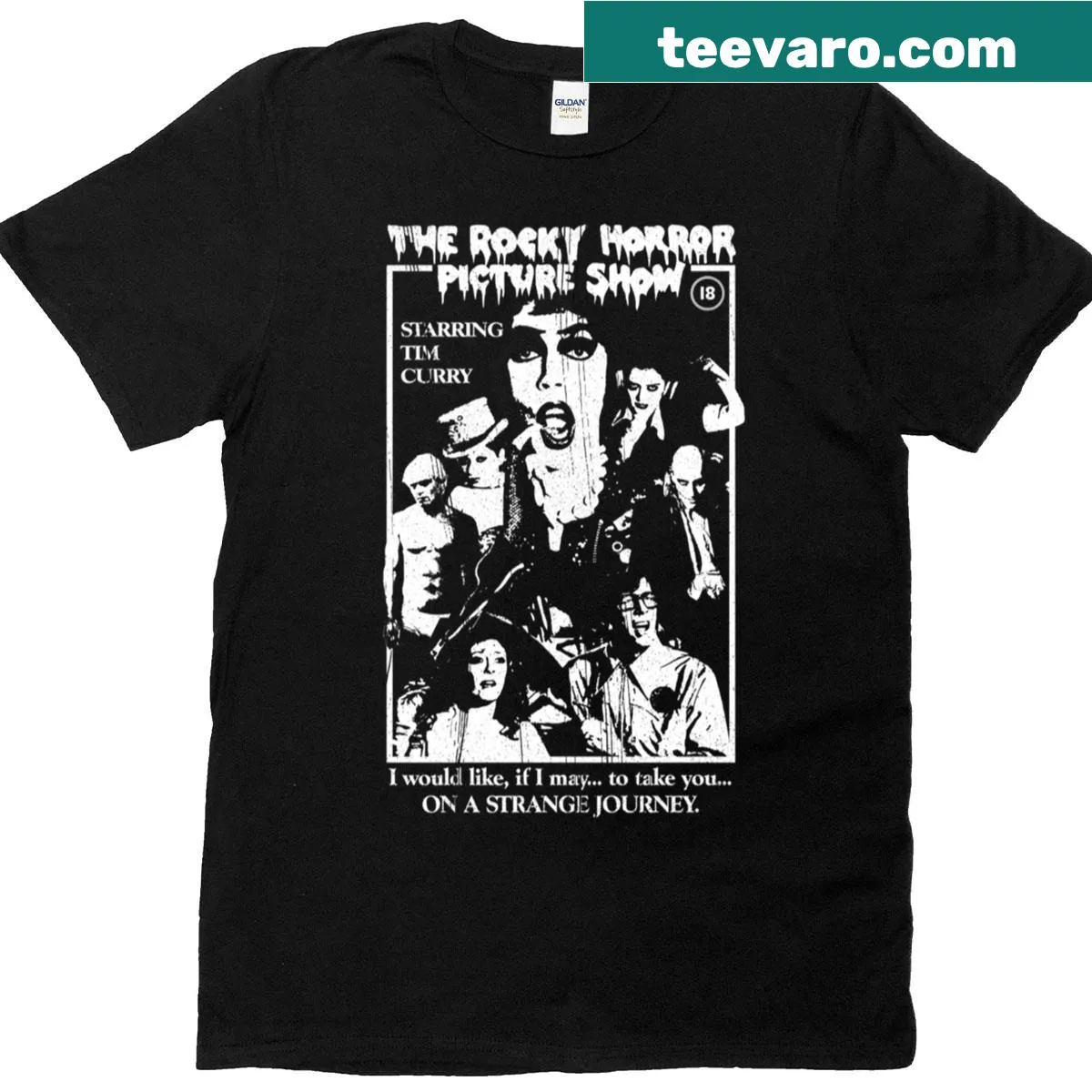 Illustrated Rocky Horror Picture Show fan art t-shirt design — on a men's t-shirt