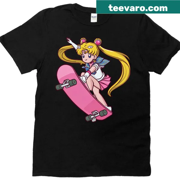 Sailor Moon characters skateboarding graphic on a tee