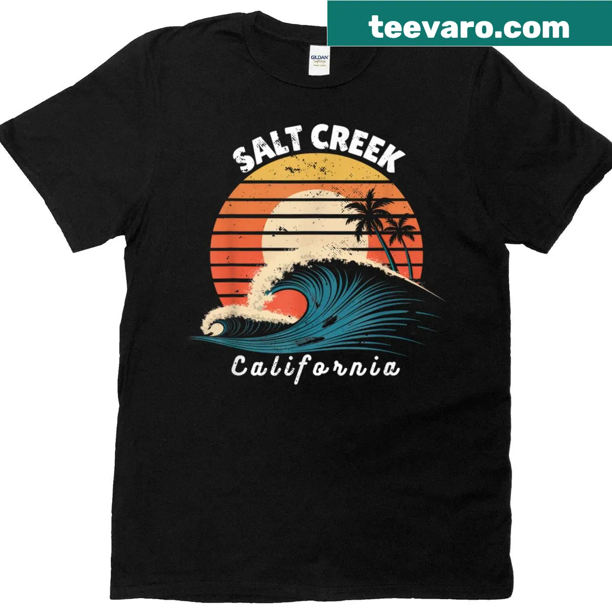 Surfboarding graphic on California beach t-shirt — on a men's t-shirt