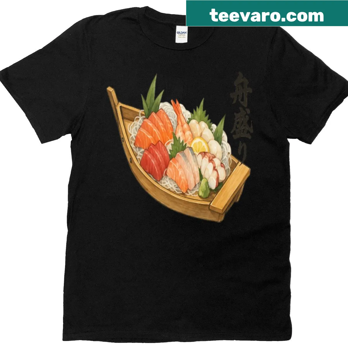Cartoon sashimi boat graphic on a t-shirt — on a men's t-shirt