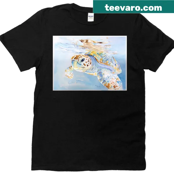 Illustrated sea turtle gliding through the water on a T-shirt