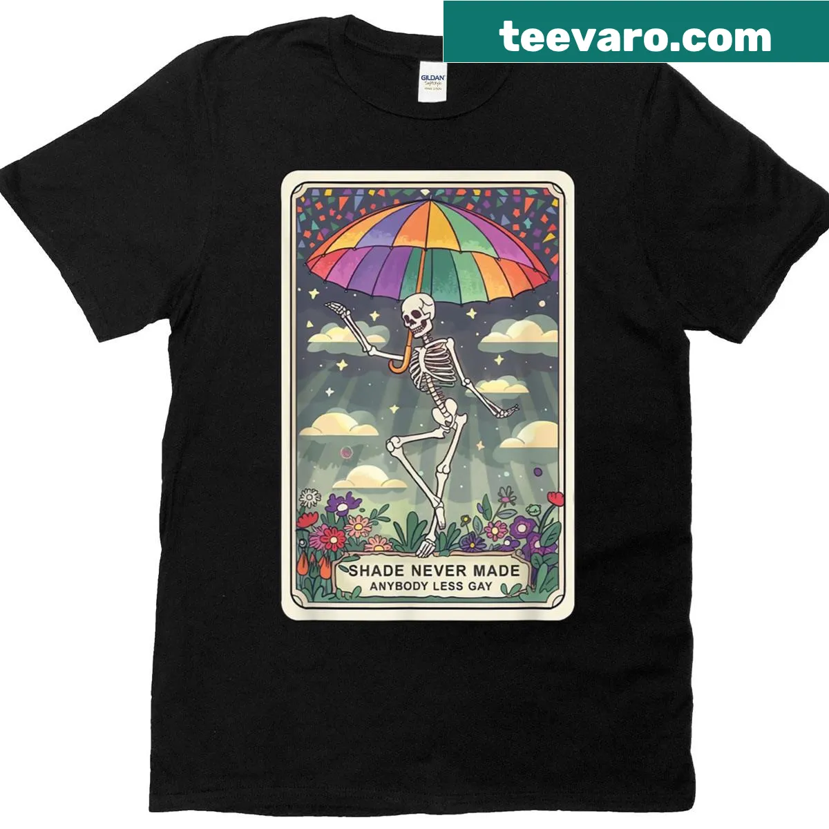 Skeleton tarot graphic with typography on a pride t-shirt — on a men's t-shirt