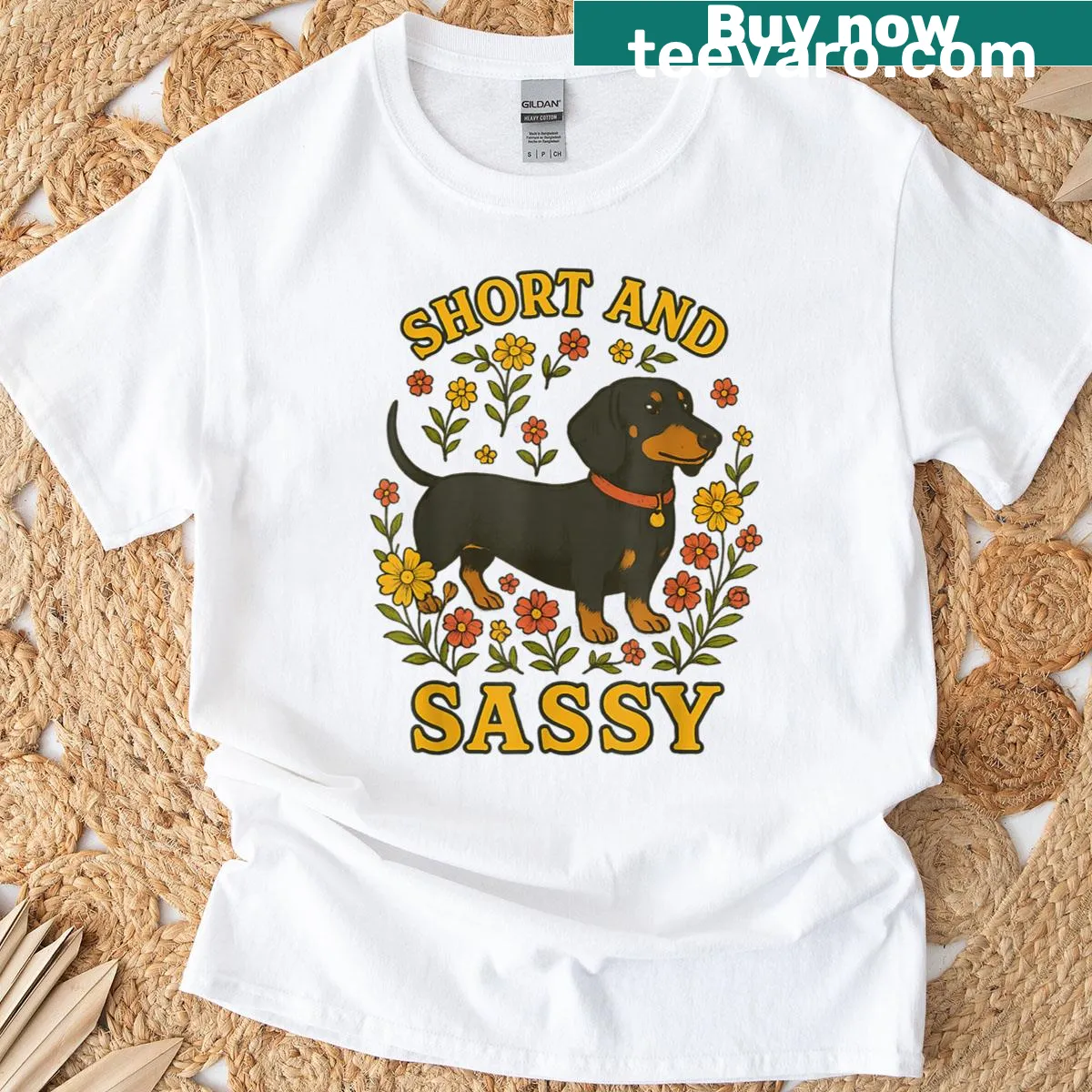 Cute dachshund cartoon printed T-shirt with cottagecore aesthetic — on a men's t-shirt