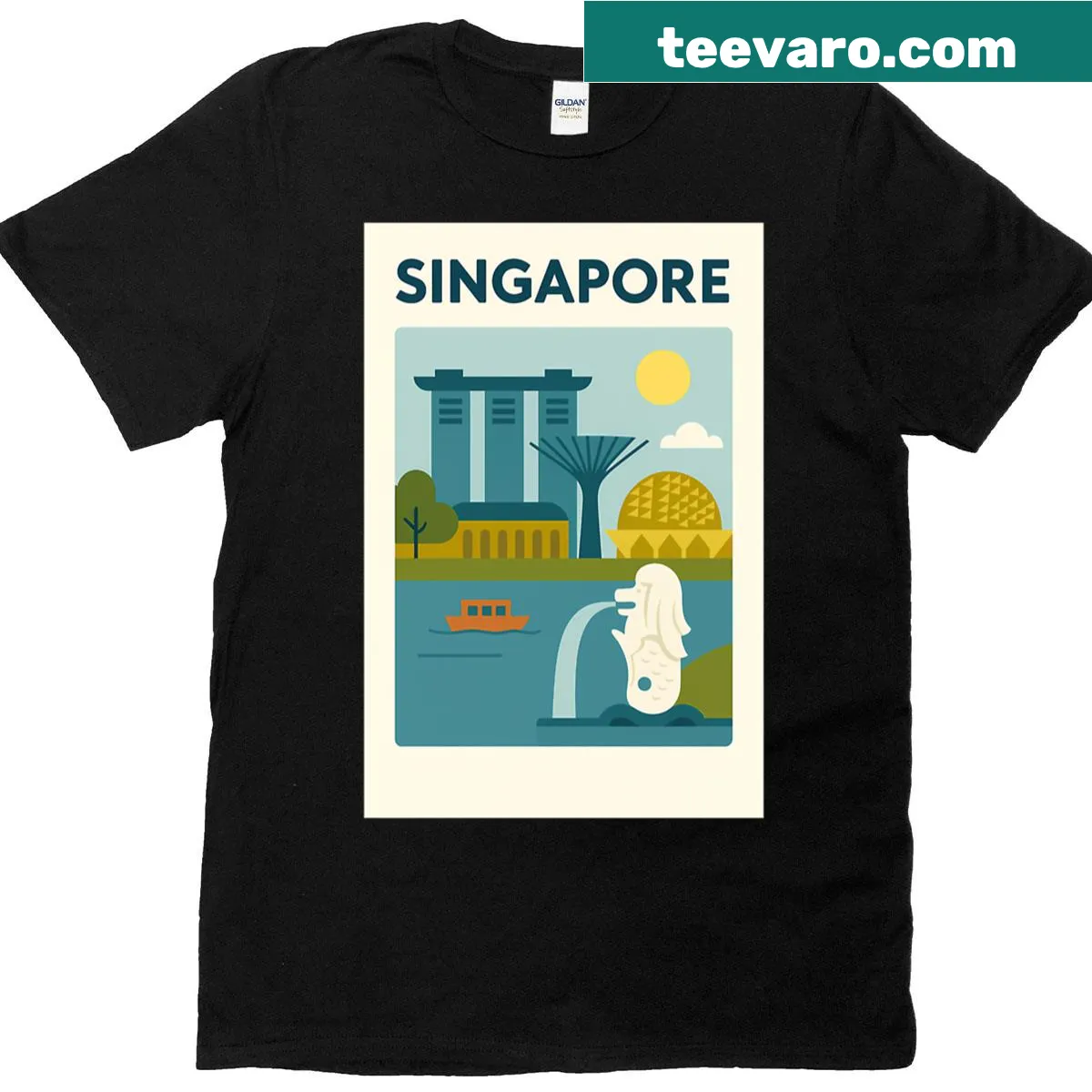 Minimalist design of Singapore skyline on t-shirt — on a men's t-shirt