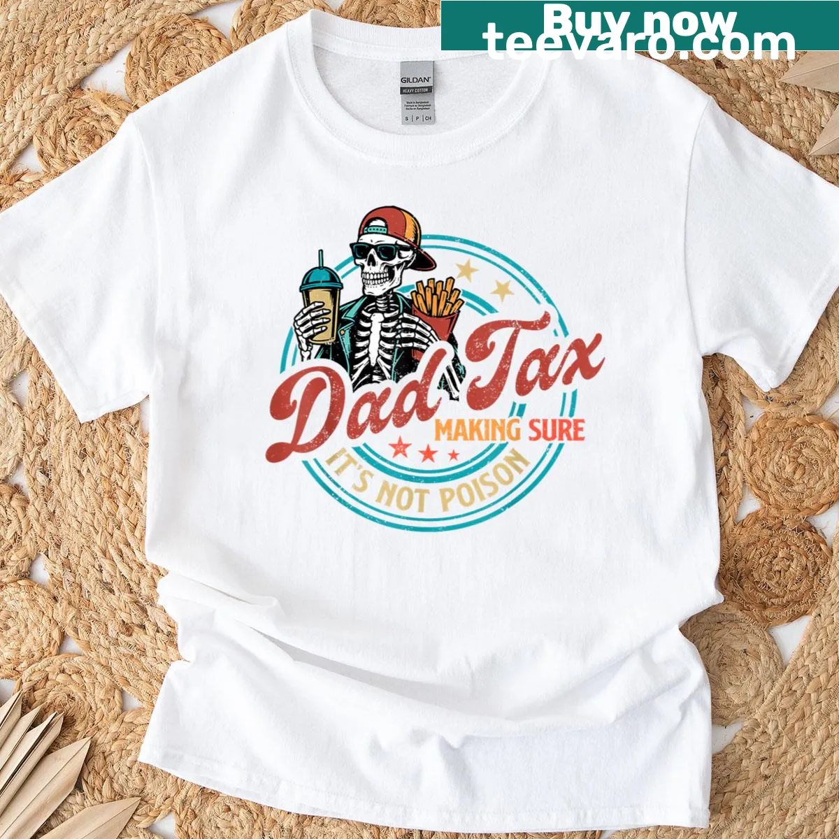 Skeleton dad graphic with humorous text about safety for kids — on a men's t-shirt
