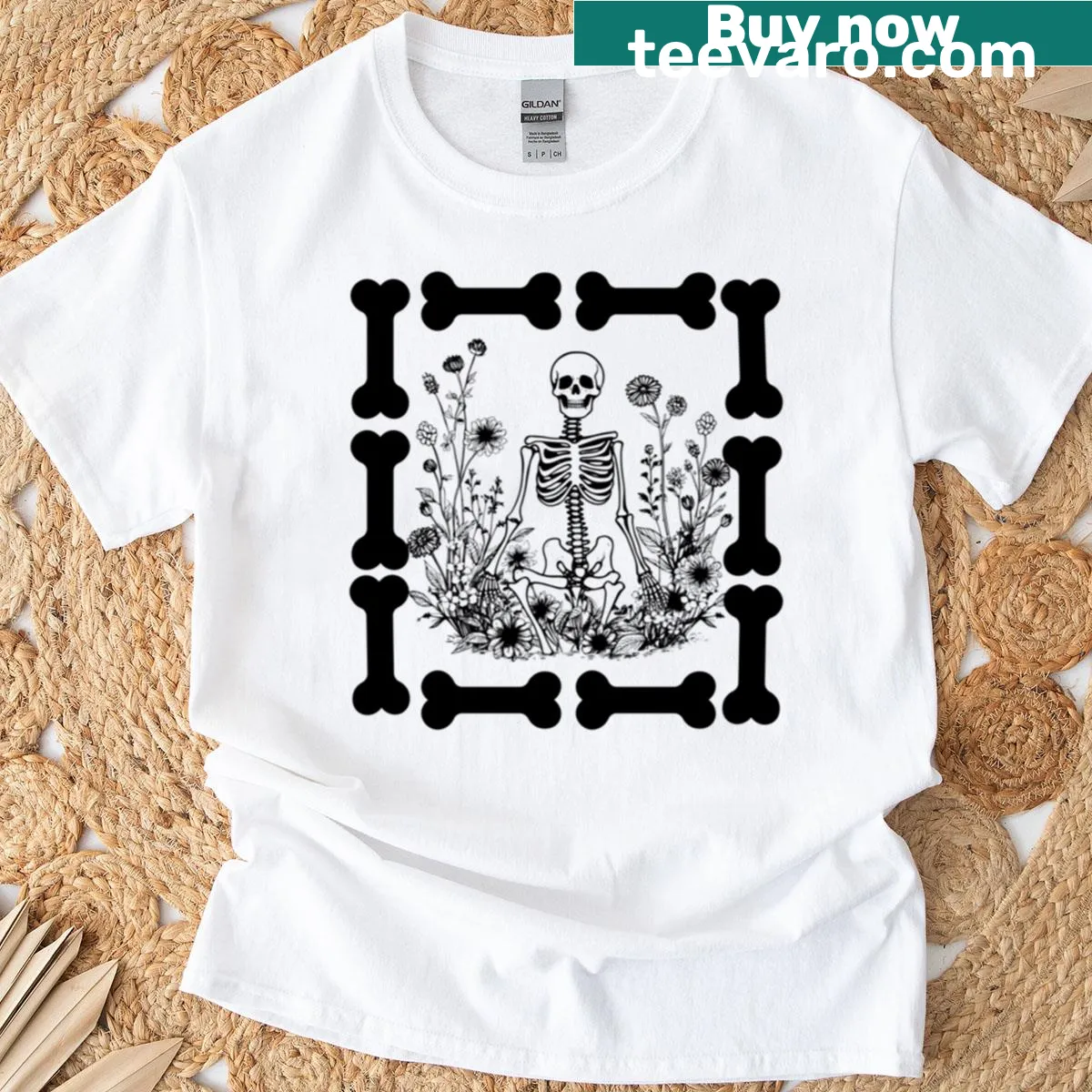 Monochrome skeleton and flowers gothic art T-shirt — on a men's t-shirt