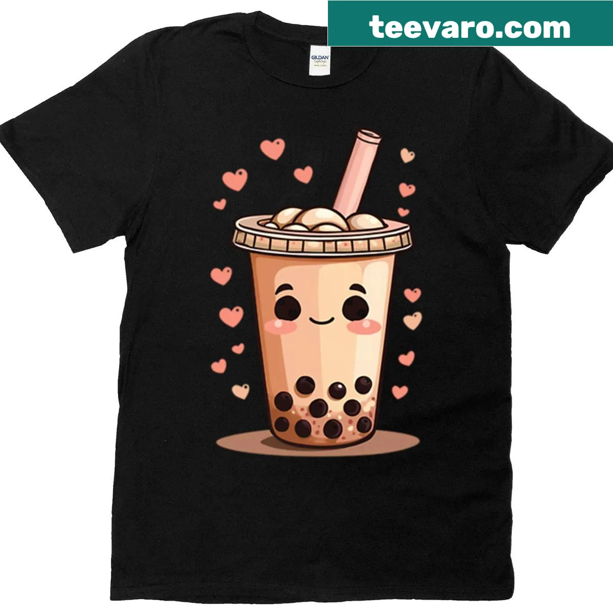 Kawaii bubble tea graphic T-shirt with a smiling cup design. — on a men's t-shirt