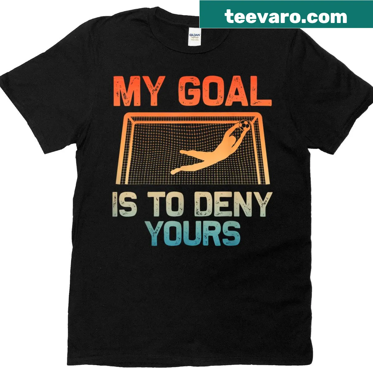 Humorous t-shirt art featuring a soccer goalie illustration — on a men's t-shirt