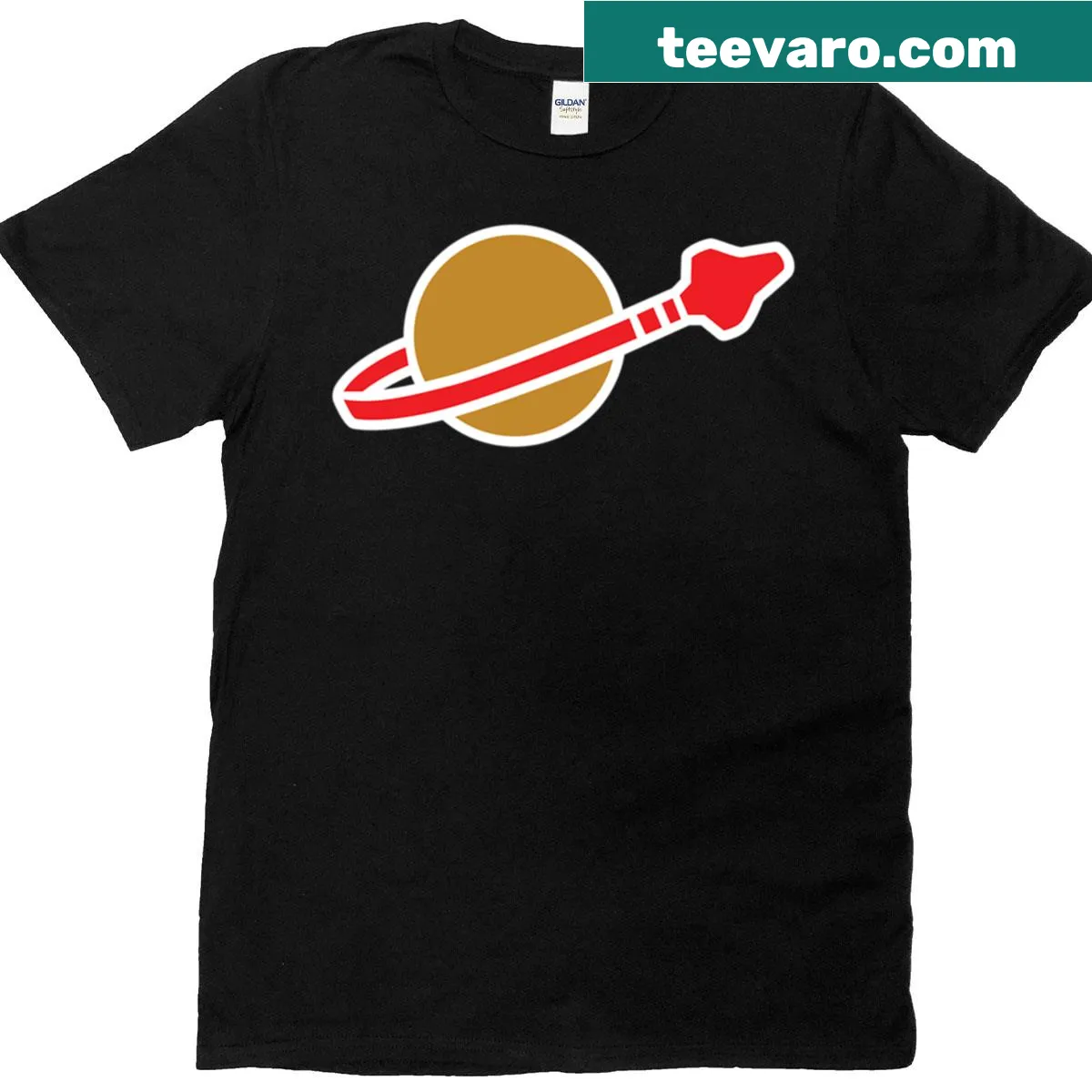 Space-themed logo T-shirt celebrating exploration and the cosmos. — on a men's t-shirt