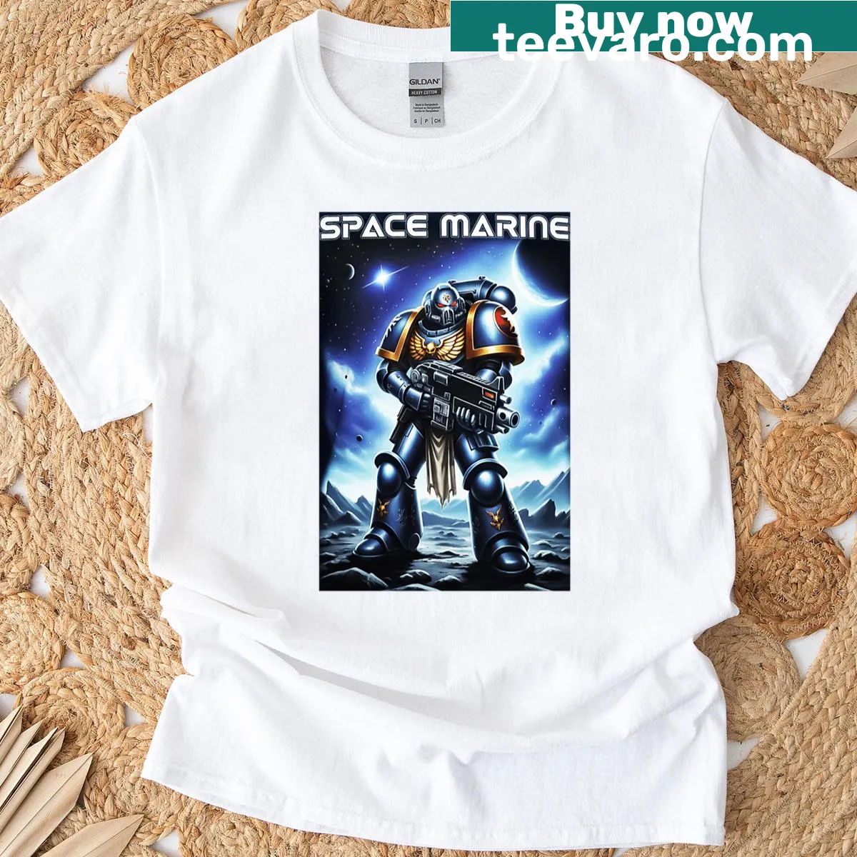 T-shirt featuring an armored space marine on an alien planet — on a men's t-shirt