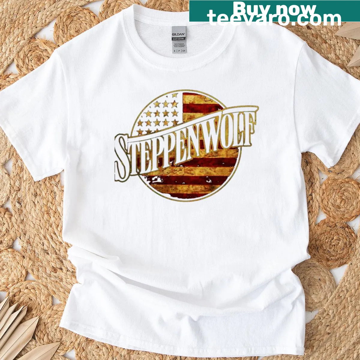 T-shirt displaying the iconic Steppenwolf band logo — on a men's t-shirt