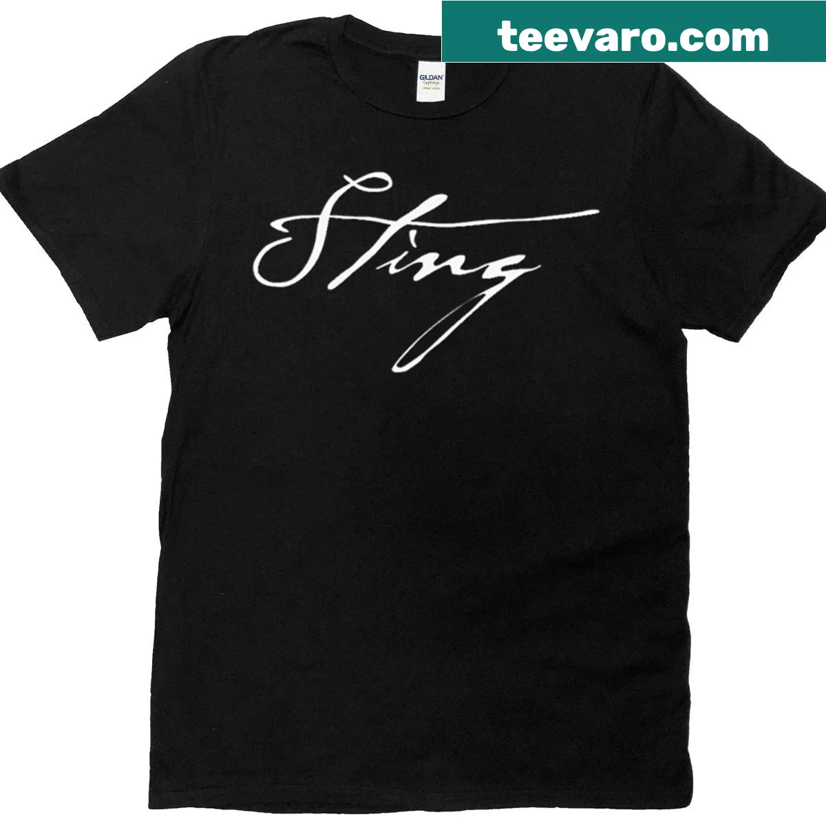 Minimalist Sting logo T-shirt for music fans. — on a men's t-shirt