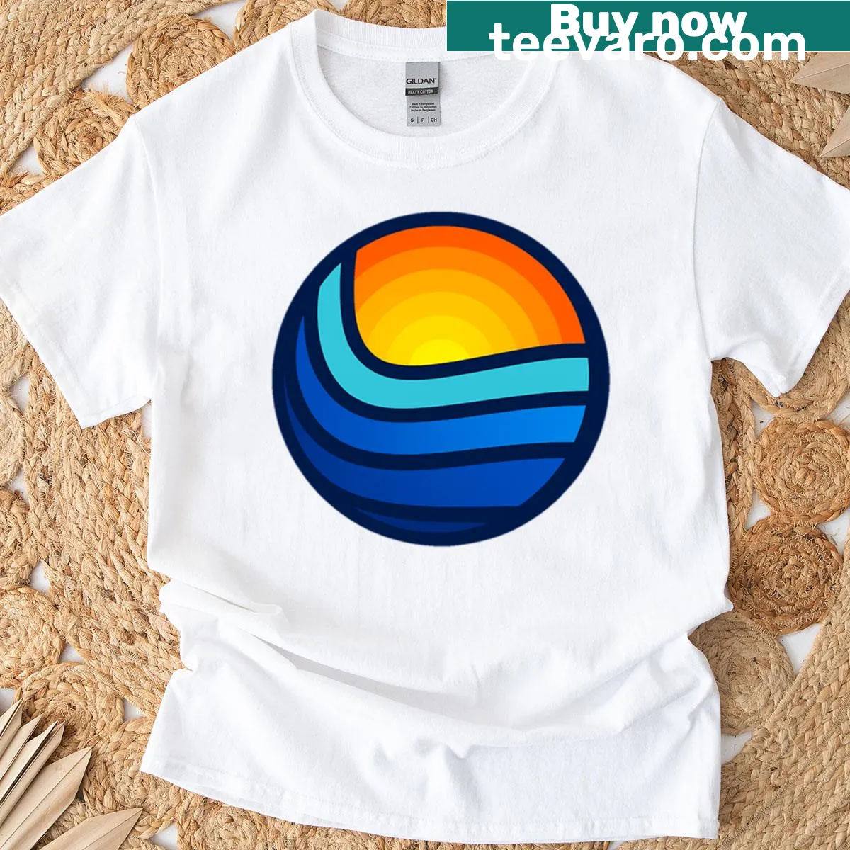 T-shirt depicting sun and surf themes — on a men's t-shirt