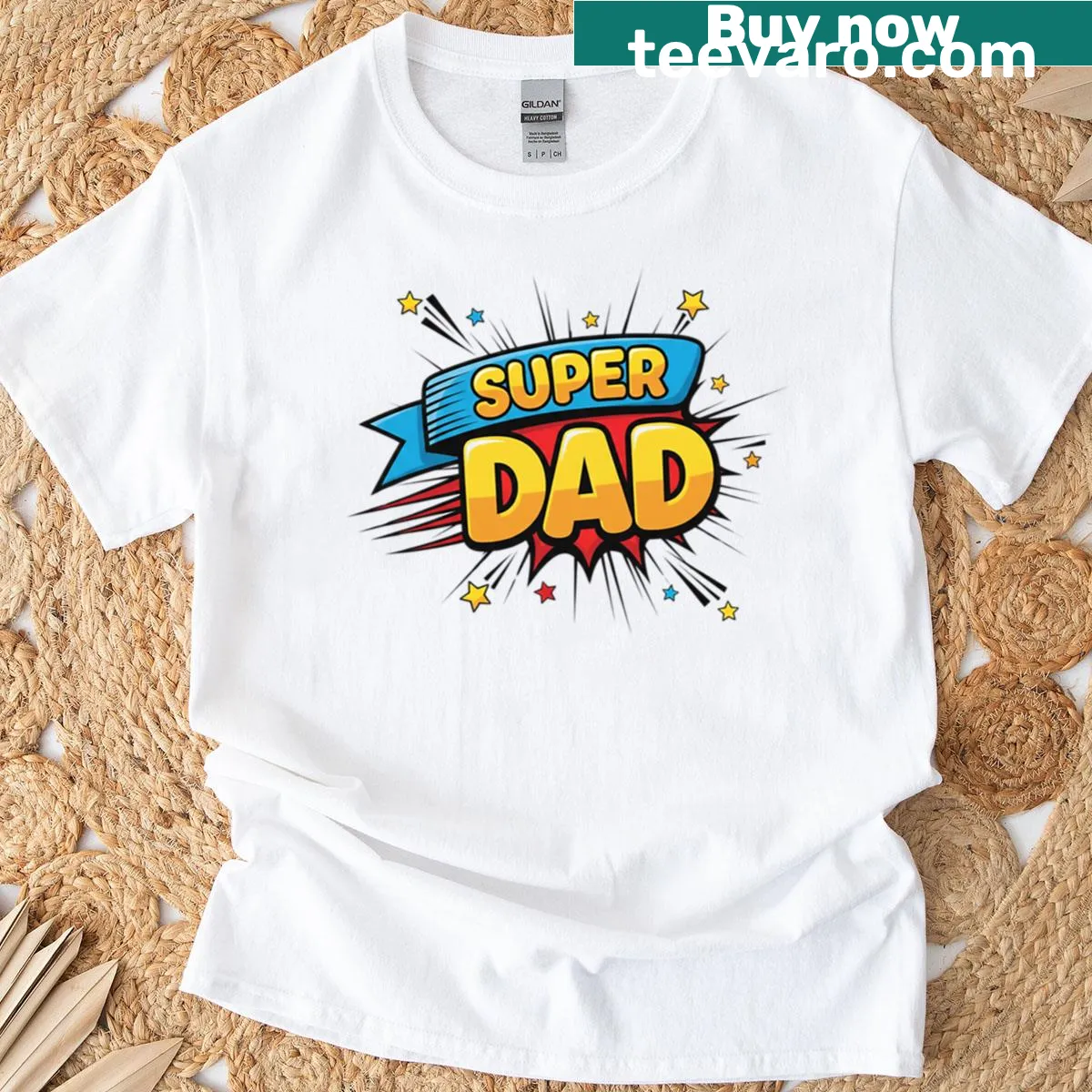 Playful Super Dad graphic T-shirt celebrating fatherhood — on a men's t-shirt