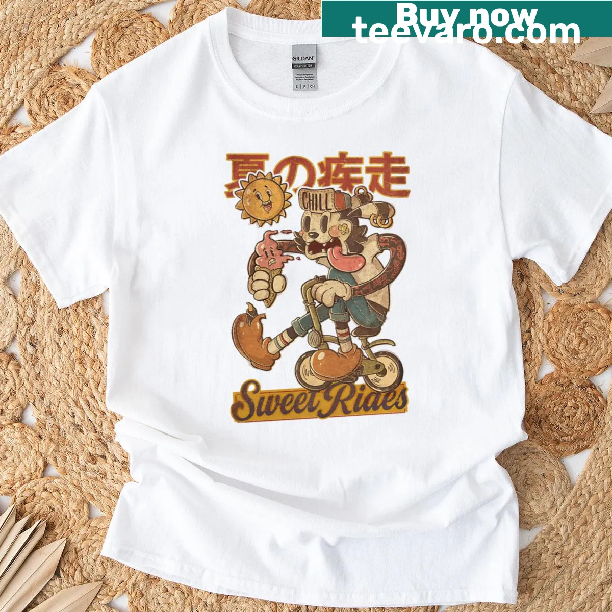 Vintage car graphic on Sweet Rides t-shirt, perfect for car enthusiasts. — on a men's t-shirt