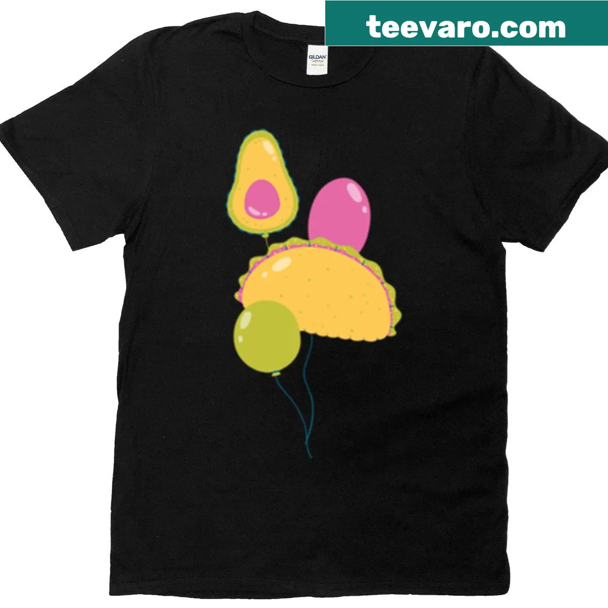 Whimsical taco and avocado balloon design on an oversized T-shirt — on a men's t-shirt
