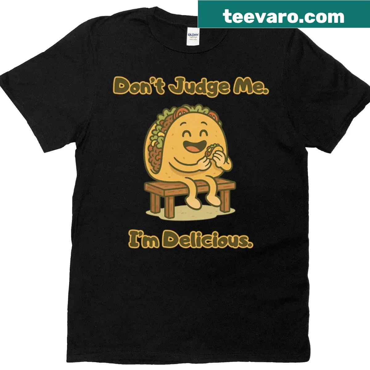 Funny food pun T-shirt featuring 'Don't Judge Me, I'm Delicious' text — on a men's t-shirt