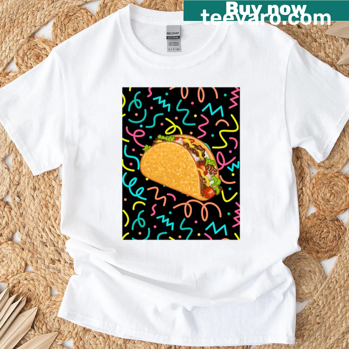 Illustrated taco graphic on Taco Party t-shirt, celebrating taco culture. — on a men's t-shirt
