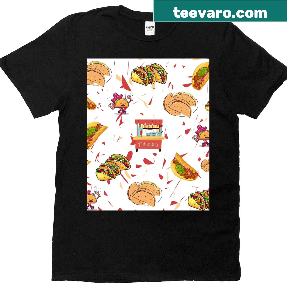 Graphic T-shirt featuring taco designs and spicy dried chili illustrations — on a men's t-shirt