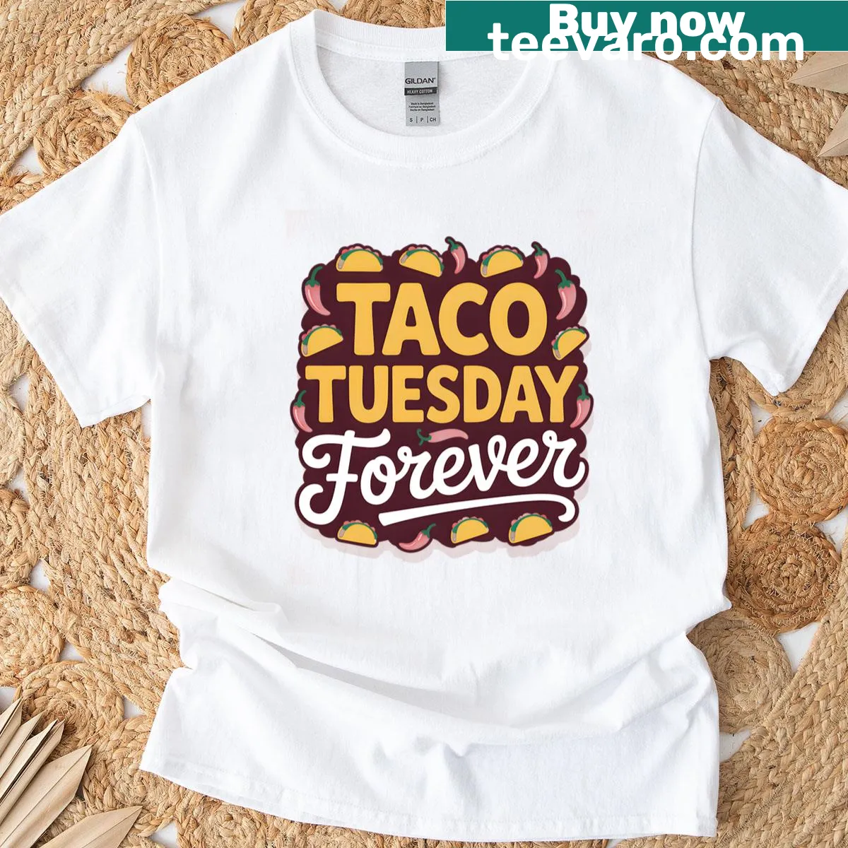 Fun taco-themed graphic on Taco Tuesday Forever oversized t-shirt, celebrating Taco Tuesdays. — on a men's t-shirt