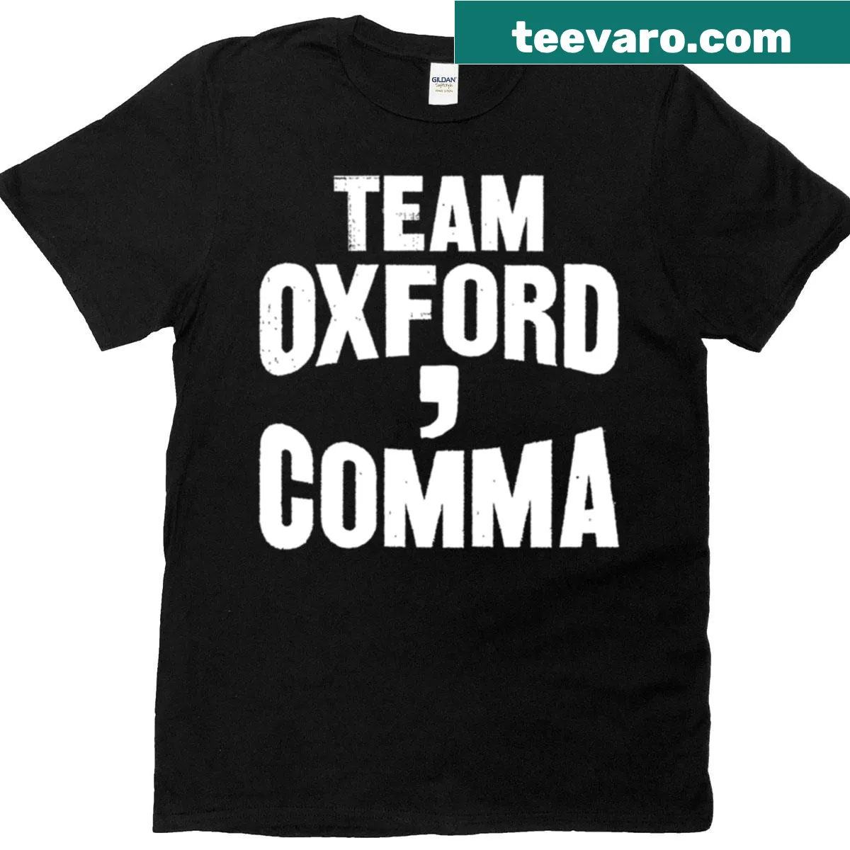 Team Oxford Comma t-shirt featuring witty grammar-related text — on a men's t-shirt