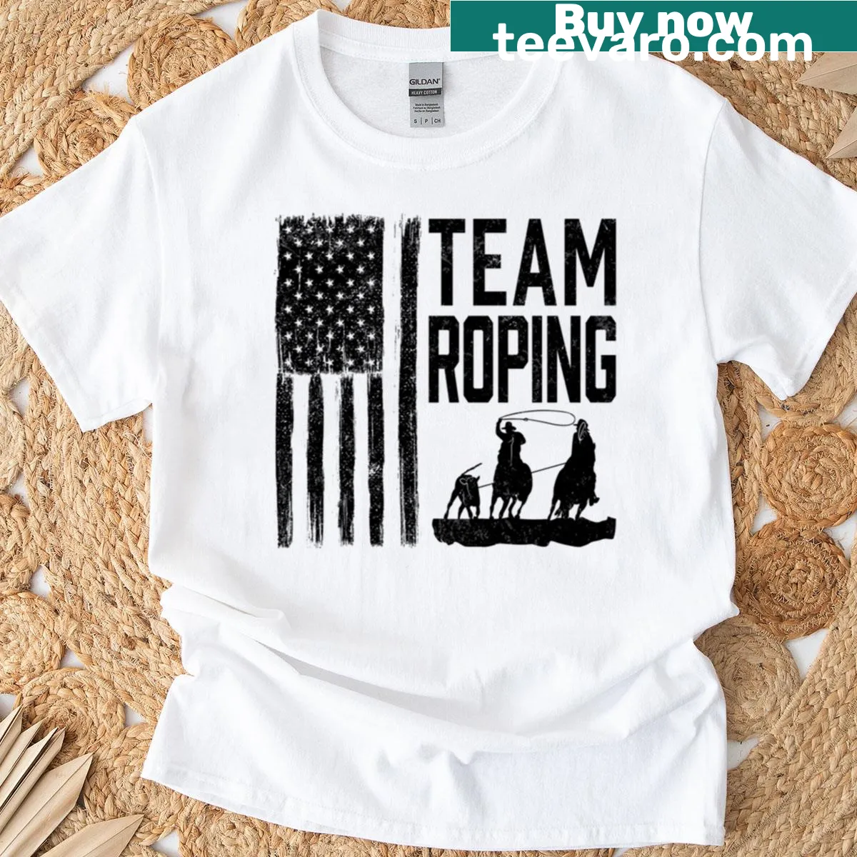 Rodeo-themed Team Roping T-shirt with grunge styling — on a men's t-shirt
