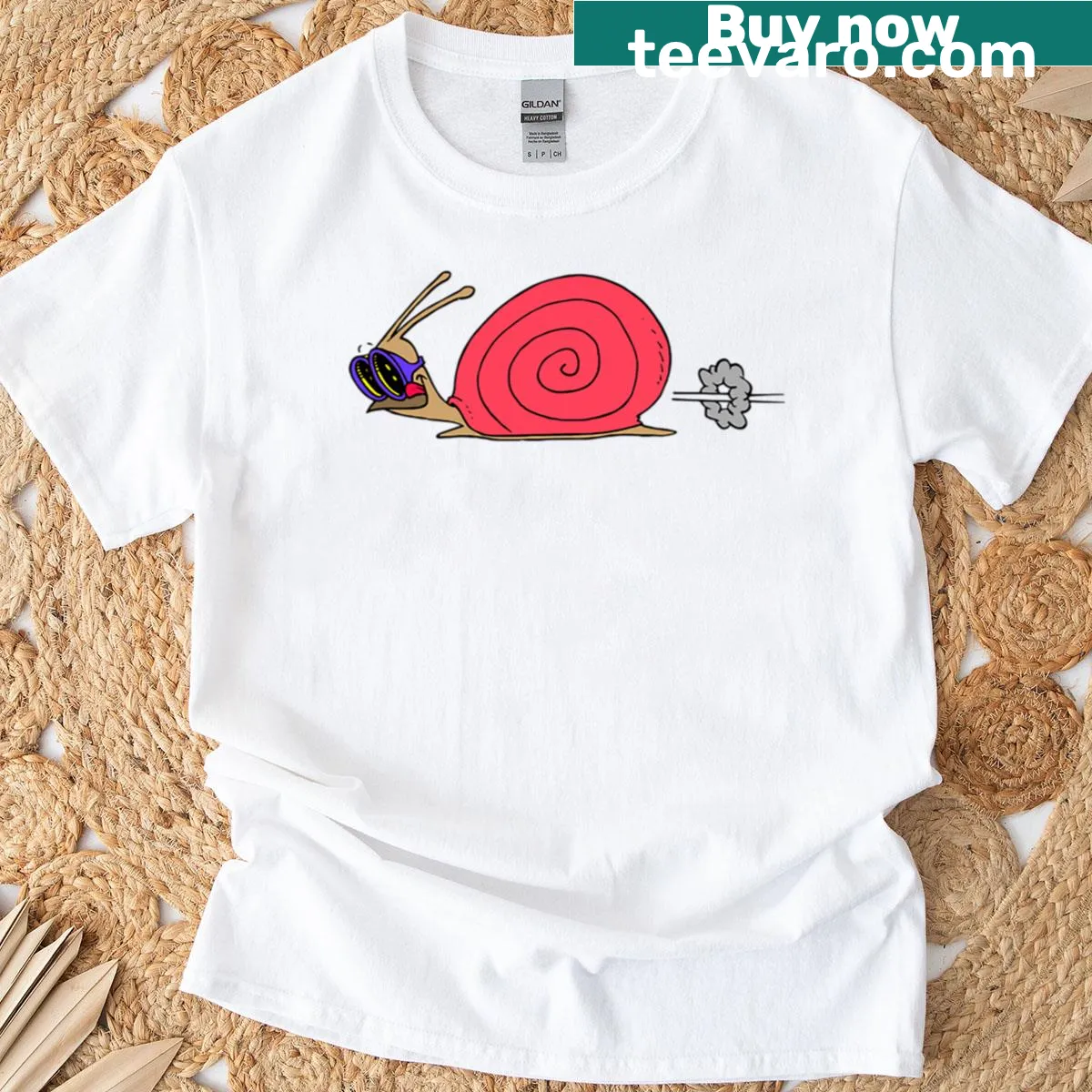 Cartoon snail graphic on Team Snail T-shirt for a playful look — on a men's t-shirt