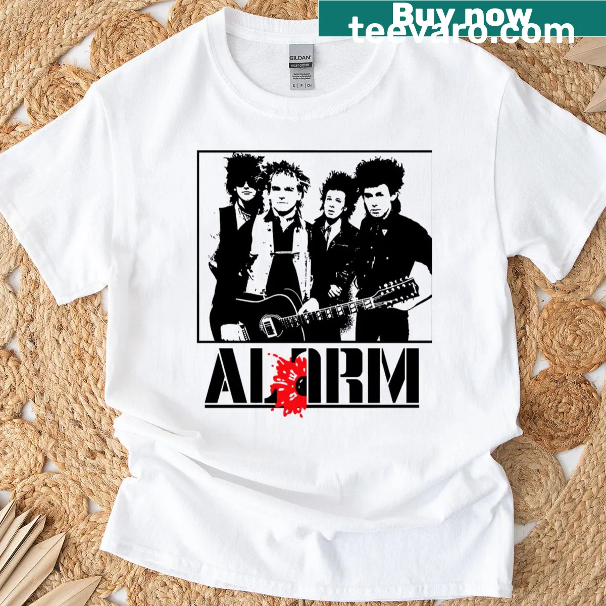 The Alarm band name graphic on a t-shirt — on a men's t-shirt