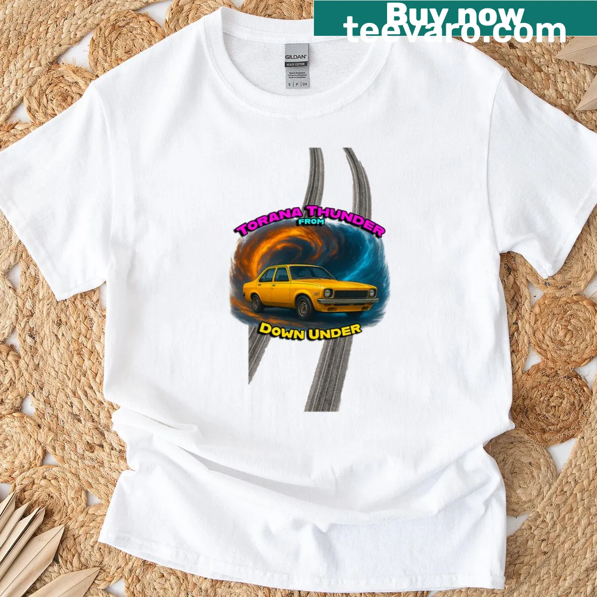 Illustration of an Aussie muscle car with burnout graphic on T-shirt — on a men's t-shirt