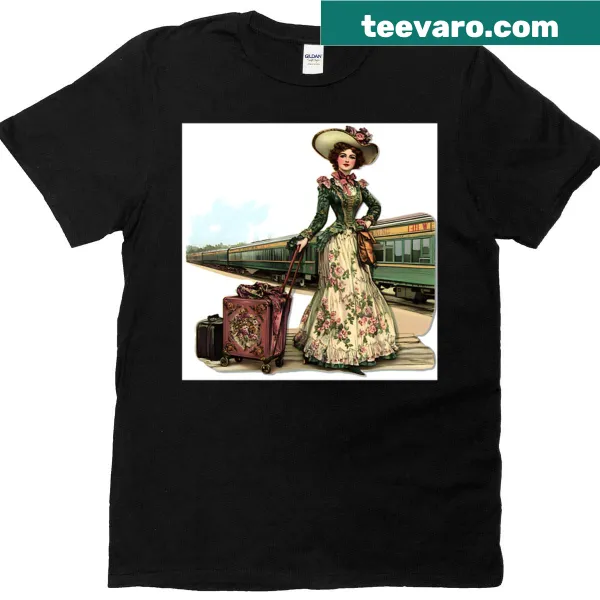 Nostalgic train station graphic t-shirt for travel enthusiasts
