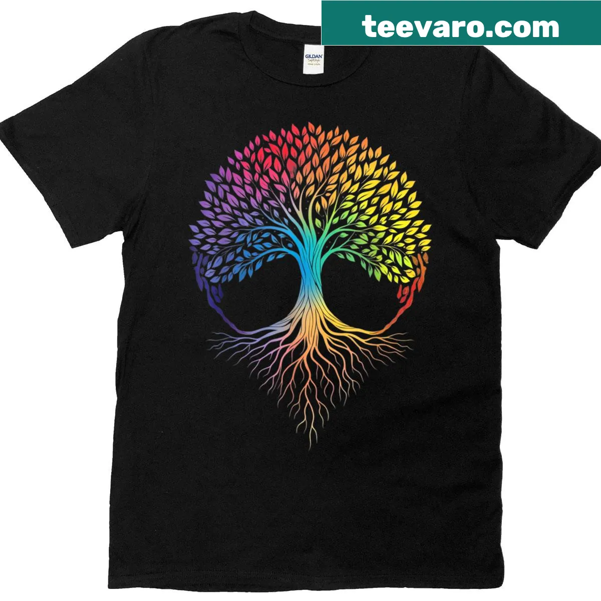 Rainbow tree life graphic t-shirt celebrating LGBTQ+ pride and allyship — on a men's t-shirt