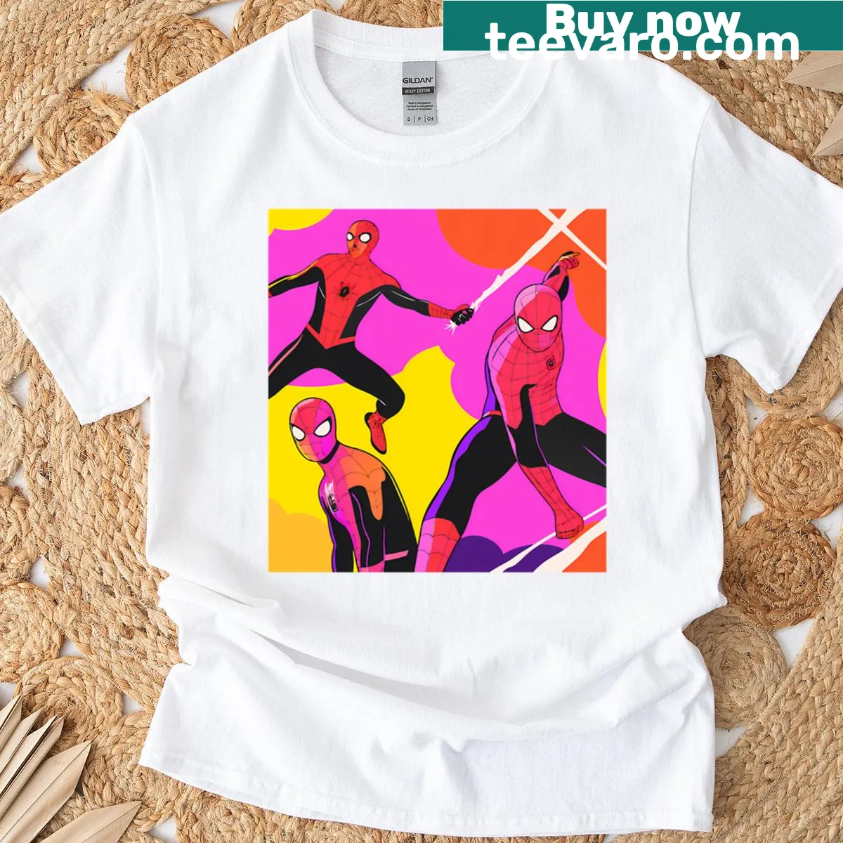 Graphic of three Spider-men united in action on T-shirt — on a men's t-shirt