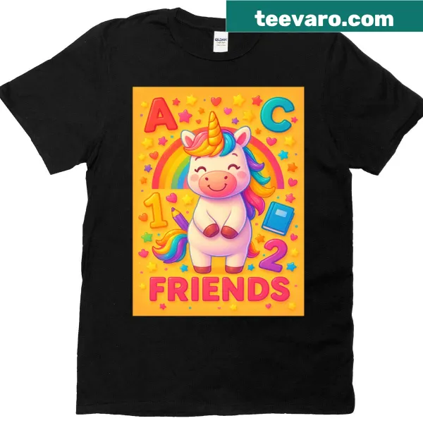 Cartoon T-shirt featuring unicorns with ABC and 123 designs for kids