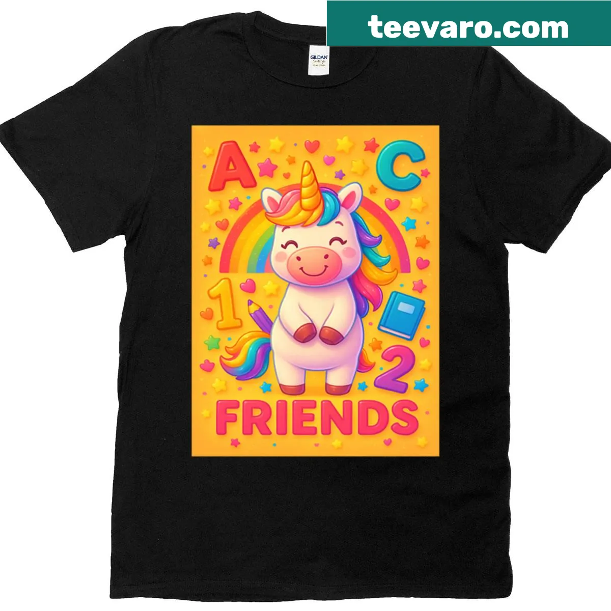 Cartoon T-shirt featuring unicorns with ABC and 123 designs for kids — on a men's t-shirt